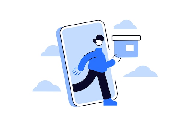 Vector man with box get off smartphone screen