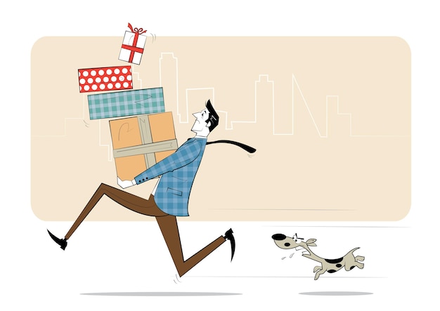 L'uomo con scatole di regali in mano scappa da un cane arrabbiato