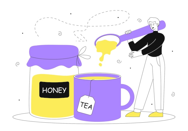 Мужчина с заварной чайной линией Молодой парень с медом возле чашки чая Персонаж с горячим напитком возле синей кружки Десерт, деликатесный напиток и вкусная жидкость Линейная плоская векторная иллюстрация