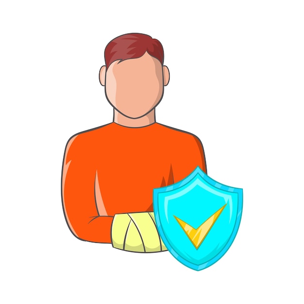 Man with broken arm and sky blue shield with tick icon in cartoon style on a white background