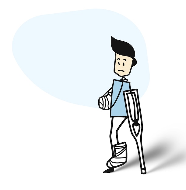 Man with a broken leg - patient, cartoon hand drawn sketch vector illustration.