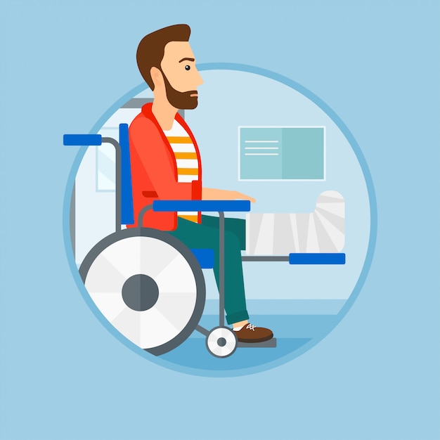 Man with broken leg sitting in wheelchair.