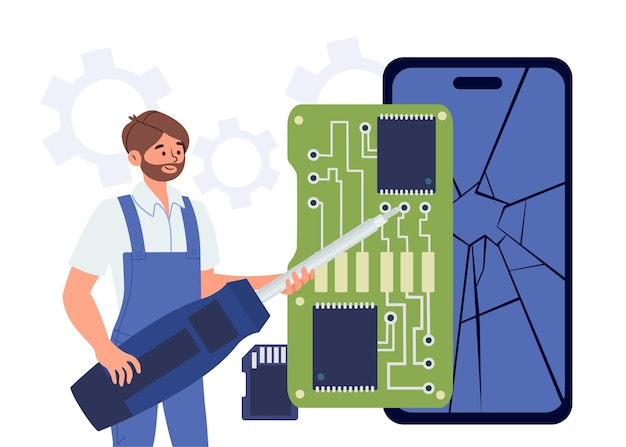 Man with broken phone concept Young guy with screwer in uniform near large broken smartphone Repairman and technician with gadget and device chip Cartoon flat vector illustration