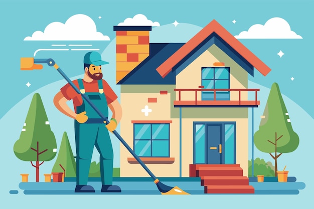 Vector a man with a broom standing in front of a house ready for cleaning illustrate the concept of customer segmentation in digital advertising