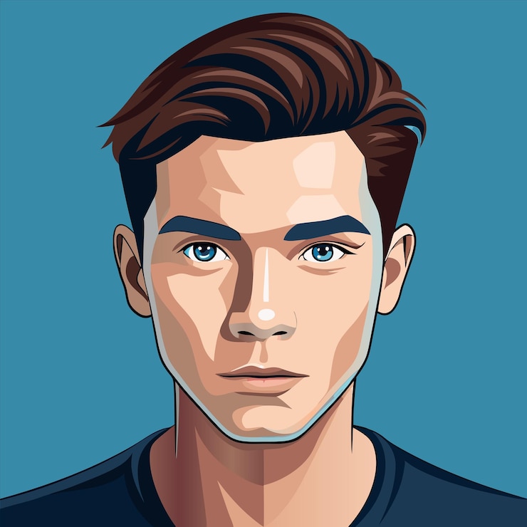 Vector a man with brown hair and a blue background with a face that says quot hes a character quot