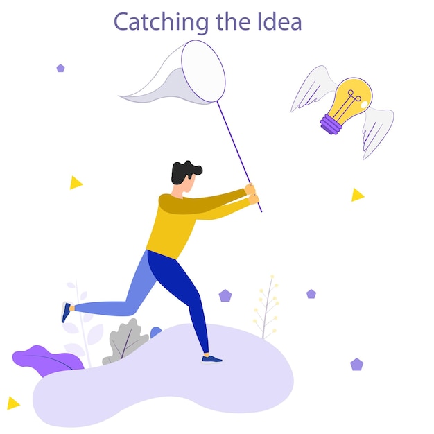 Vector man with butterfly net catching flying winged lightbulb concept of chasing or pursuing innovative business idea