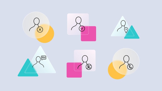 Man with button set icon check mark cross approved rejected accepted completed pointer route call silence mode glassmorphism style vector line icon for business and advertising