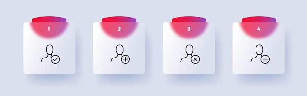 Man with button set icon Tick plus minus cross Add new information delete button error checkmark ok done check File concept Glassmorphism style Vector line icon for Business