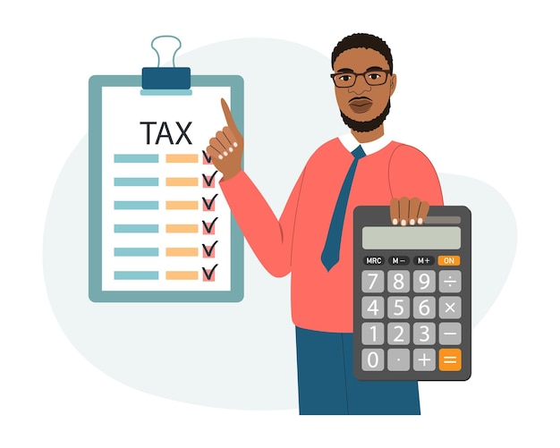 Человек с калькулятором и налоговой формой Концепция уплаты налогов Аудит финансового налогового учета или бухгалтерский учет