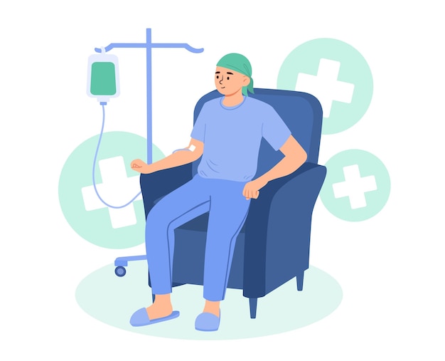 Man with cancer concept young guy with dropper in his hand sitting on chair diagnosis and treatment character after chemotherapy healthcare and medicine cartoon flat vector illustration