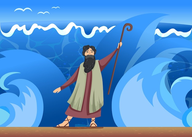 Man with cane standing in front of waves of raging ocean. cartoon illustration
