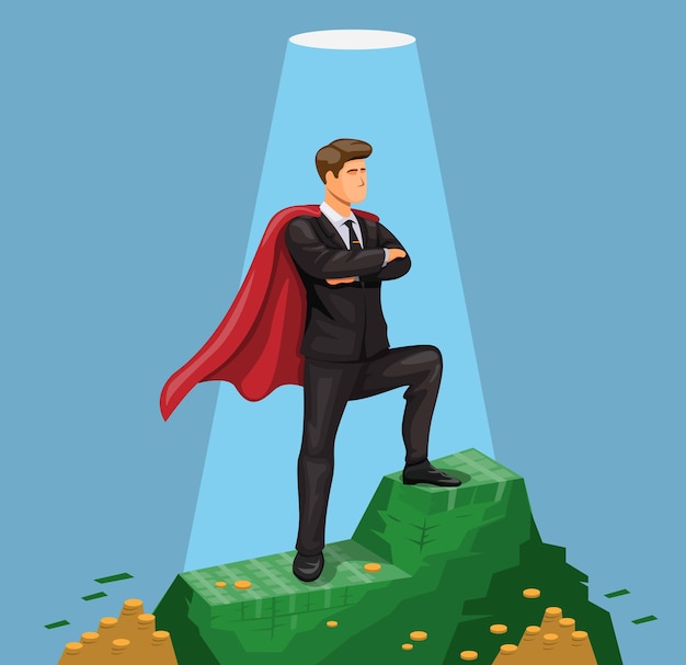 Vector man with cape standing in money mountain symbol of success businessman concept in cartoon