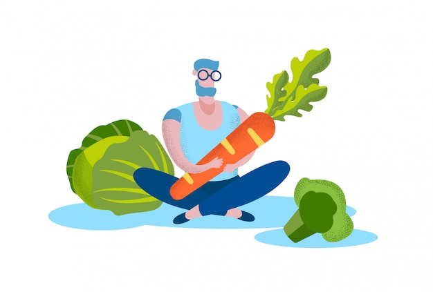 Man with carrot near cabbage and broccoli. vector.