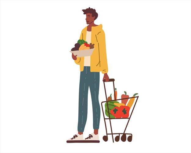 Vector man with a cart of vegetables and carrying bags of groceries vector in cartoon style on a white ba