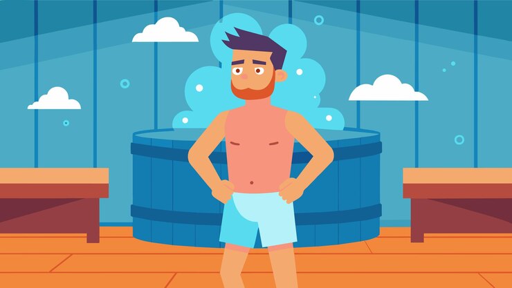 Vector a man with chronic fatigue syndrome stands in the sauna his whole body glistening with sweat as he