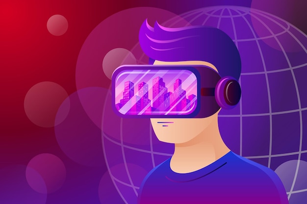 Vector man with city reflection in vr headset metaverse concept