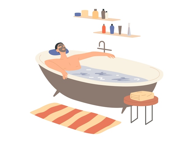 Man with a clay mask on his face takes a bath.