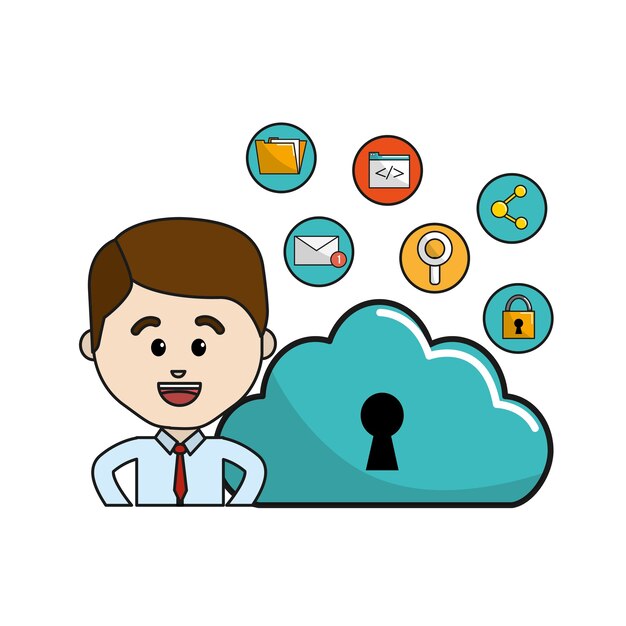 man with cloud data wifi and technology icons