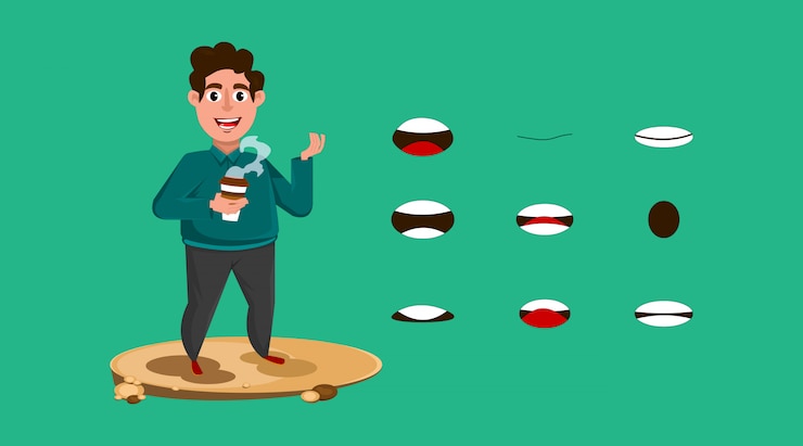 Vector man with coffee and set of lip sync