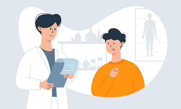 의사의 약속에 감기 증상-기침과 고온을 가진 사람. 면역력 및 바이러스 감염이 약합니다.
