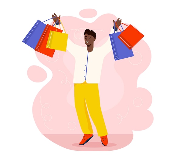 Man with colorful bags concept Young guy with blue red and yellow package Discounts and promotions special offer Character with shopping happy buyer Cartoon flat vector illustration