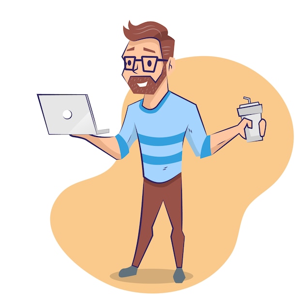 Vector man with computer flat illustration