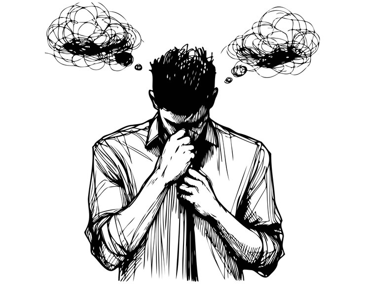Vector man with confused messy feelings worried about bad mental health sketch