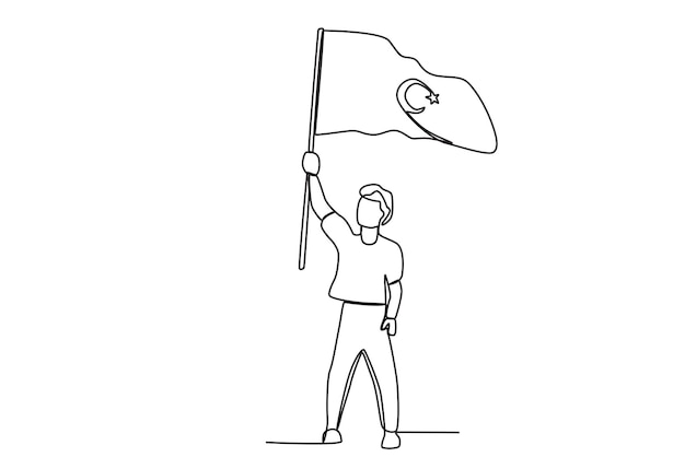 Мужчина с вьющимися волосами поднимает турецкий флаг 15 Теммуз однострочный рисунок