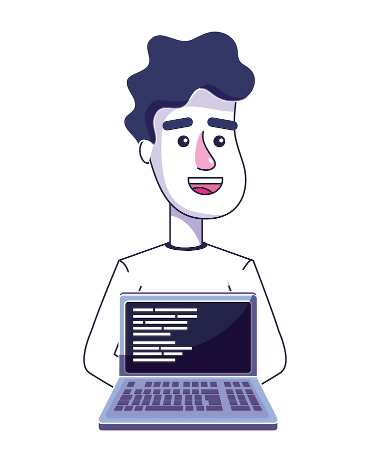 Vector man with curly hairstyle and laptop technology