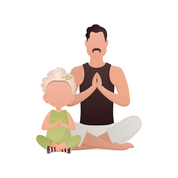 A man with a cute little girl are sitting meditating Isolated Cartoon style