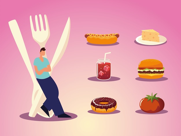 Man with cutlery burger sandwich donut cheese and juice food illustration