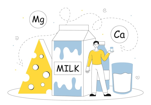 Мужчина с линией молочных продуктов Молодой парень со стаканом и пакетом молока рядом с сыром Здоровое питание с витаминами и кальцием-магнием Плакат или баннер Линейная плоская векторная иллюстрация