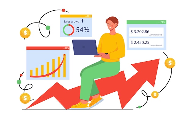 Man with data analysis concept Young guy with laptop on big growing arrow Investor and trader with infographics Financial literacy and passive income Cartoon flat vector illustration