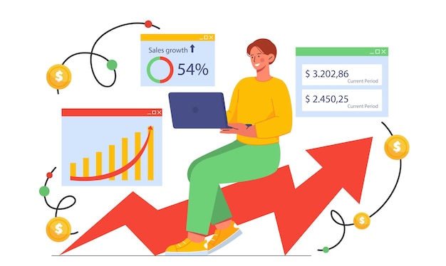 Man with data analysis concept young guy with laptop on big growing arrow investor and trader with infographics financial literacy and passive income cartoon flat vector illustration