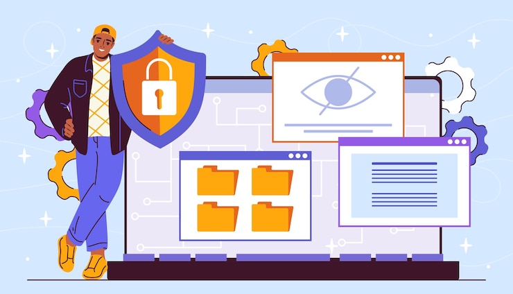 Vector man with data center secure young guy with shield near laptop with file folders datacenter and data base programmer and it specialist security of personal data flat vector illustration