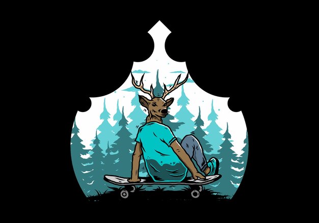 Man with deer head sitting on skateboard illustration