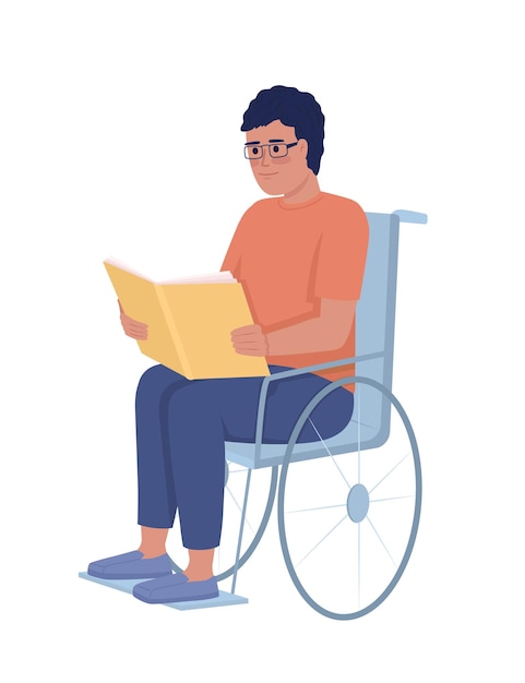 Vector man with disability reading book semi flat color vector character