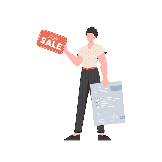 Vector a man with a document and a tablet in his hands for sale the concept of selling a house isolated vector illustration