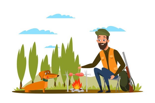 Vector man with dog at campfire smiling hiker camper with dachshund hunter cooking meat on bonfire