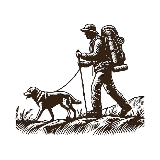a man with dog hiking illustration