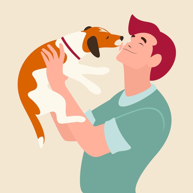 Uomo con il cane illustrazione in uno stile piatto il migliore amico a quattro zampe divertente lecca il viso dell'uomo