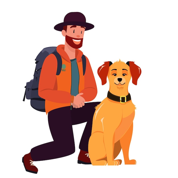 Vector man with dog isolated vector drawing person in orange jacket and backpack cute red sitting dog