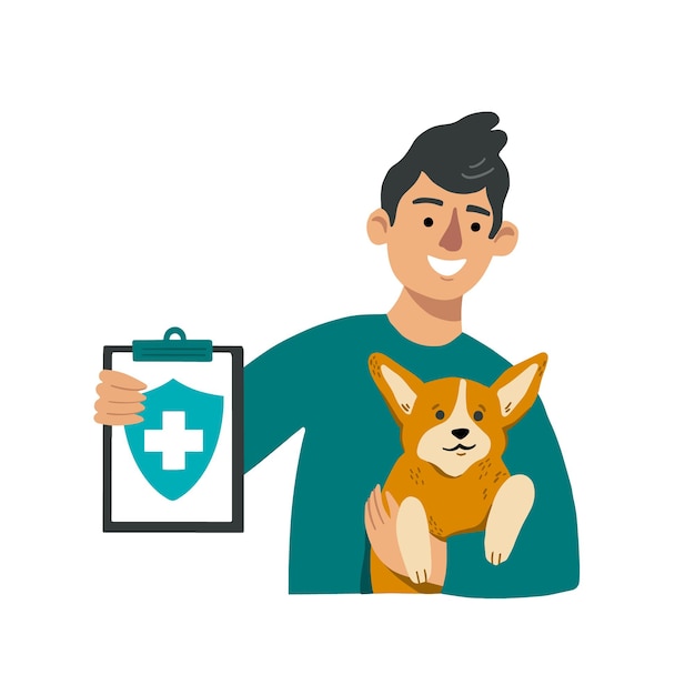 Man with a dog shows pet insurance blank. happy male with corgi on his hands. cartoon flat vector illustration on a white background. pet insurance consept with a space for text.