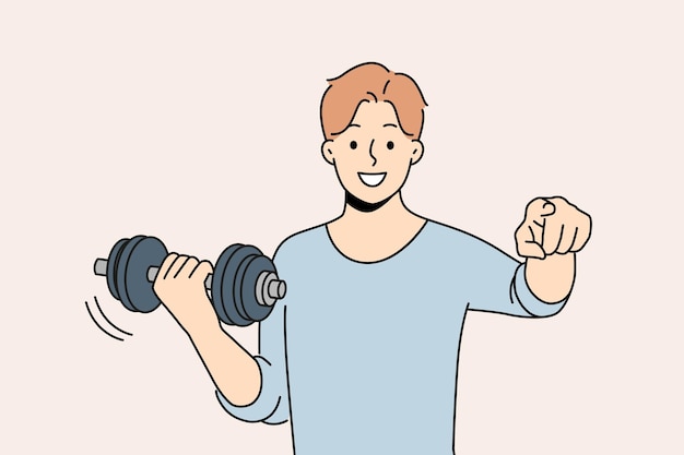 Man with dumbbell point at screen