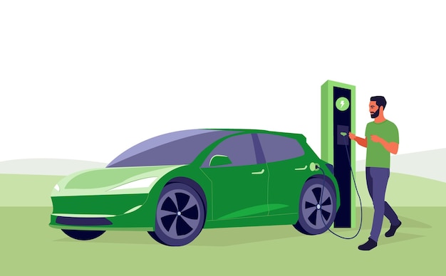 Man with electric car on charging station with green skyline Battery EV vehicle