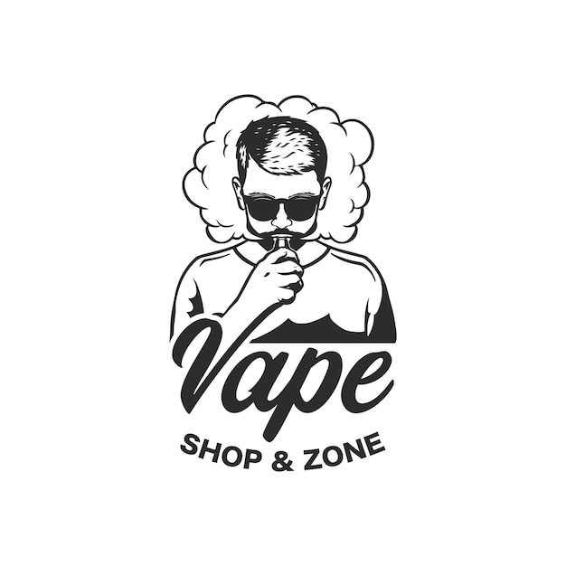 Un uomo con il modello di progettazione del logo del negozio di vapore con logo elettronico del fumo