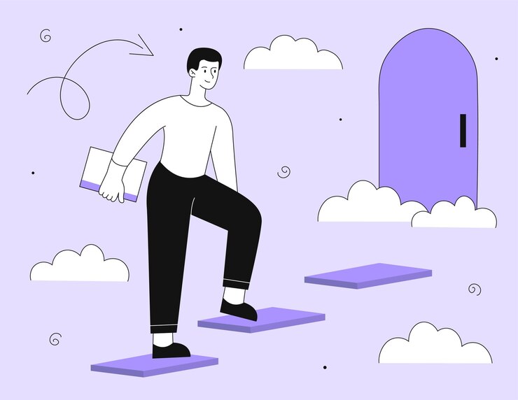 Vector man with first step line concept young guy with document at his way to door motivation leadership and success hardworking entrepreneur or investor linear flat vector illustration