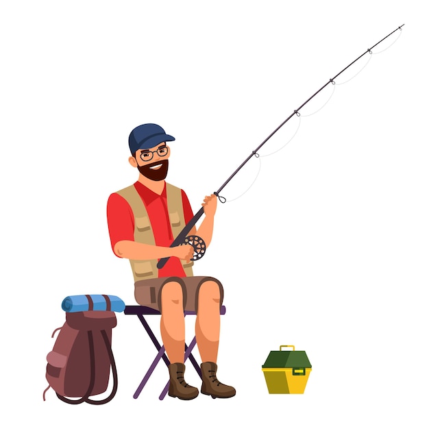 Вектор Человек с удочкой изолированный человек, рыбак в туристической одежде сидит на стуле