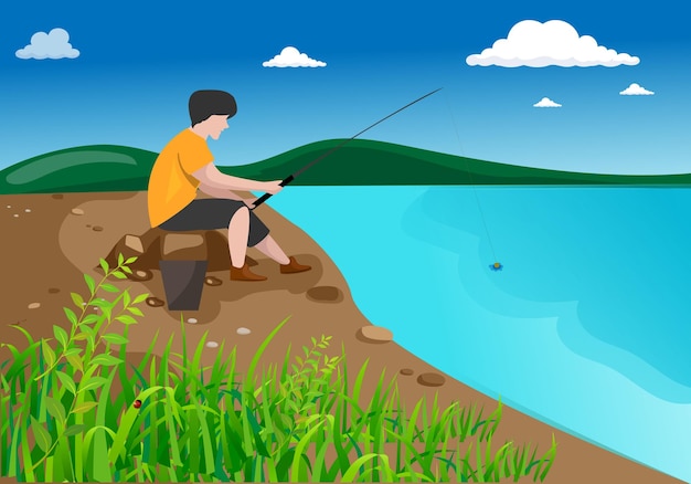 A man with a fishing rod sitting on a stone by the lake