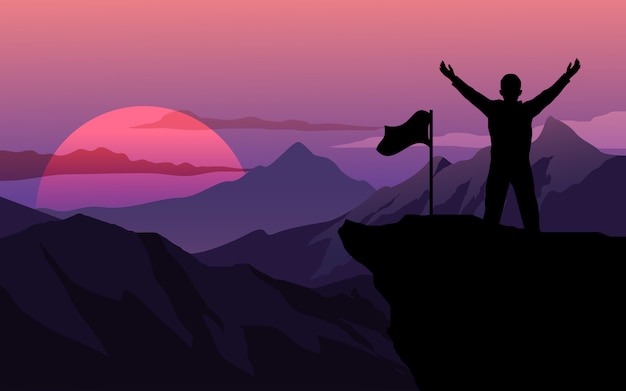 Vector man with flag standing on top of mountain